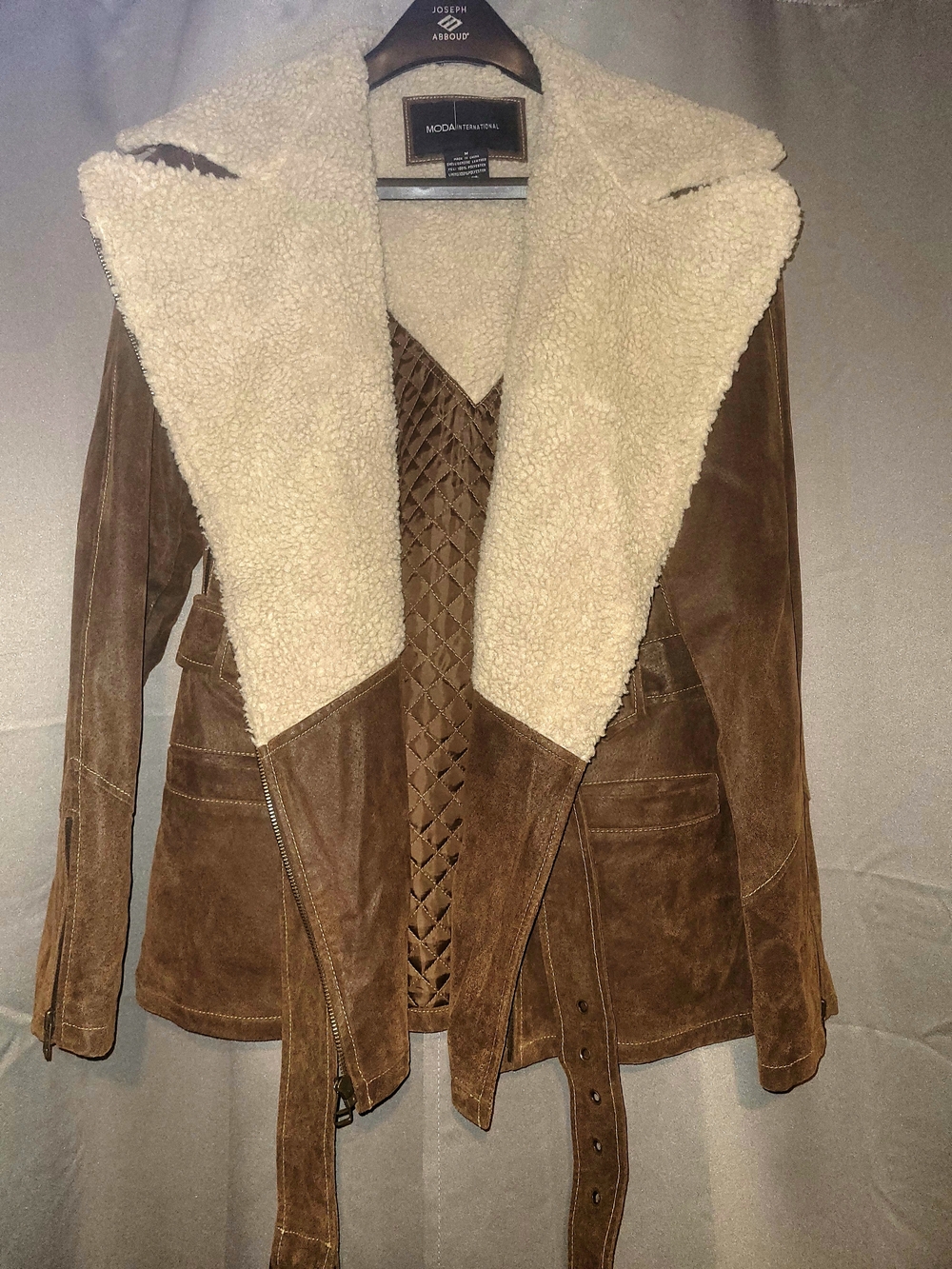 Moda International Brown Suede Teddy Shearling Jacket with Cream Lining